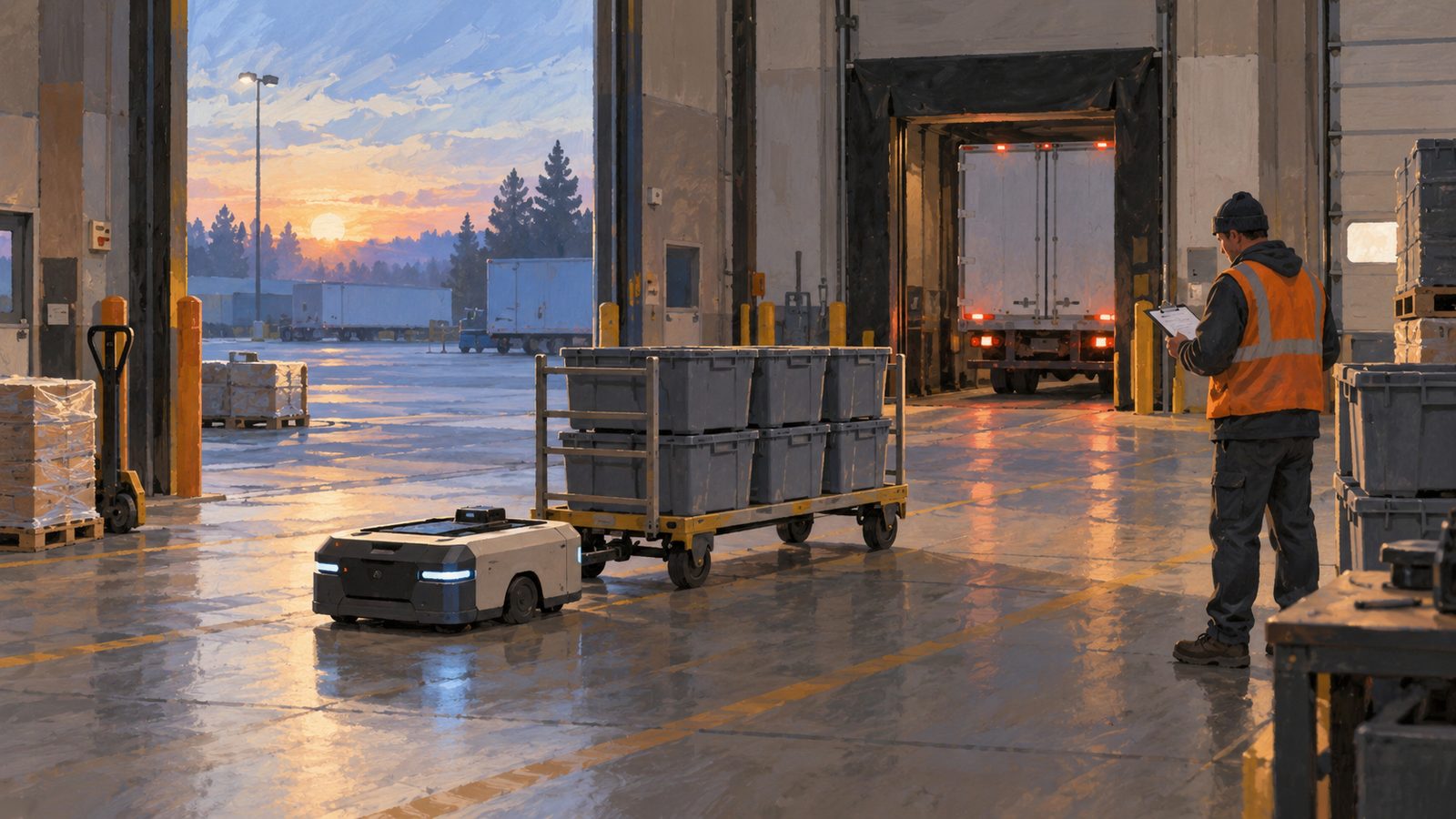 A low mobile robot with a cart hook crossing a loading dock at dawn as a truck backs in, a material handler checking paperwork.