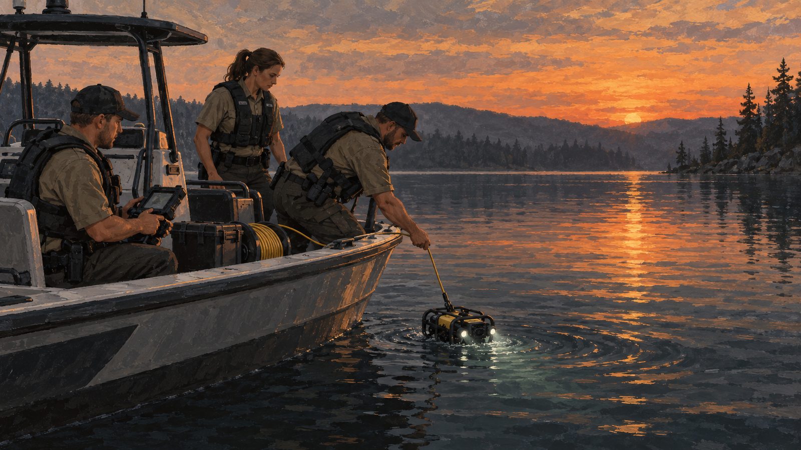 A sheriff's lake enforcement team on a boat at dusk lowering a small underwater ROV into dark water.