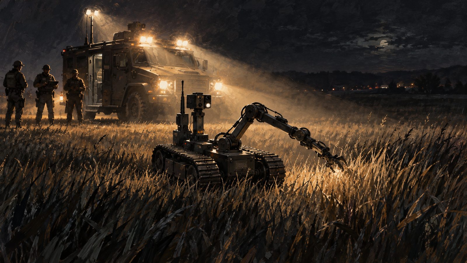 A tracked bomb-squad robot in a dark field at night lit by a vehicle's lights, deputies at a distance.