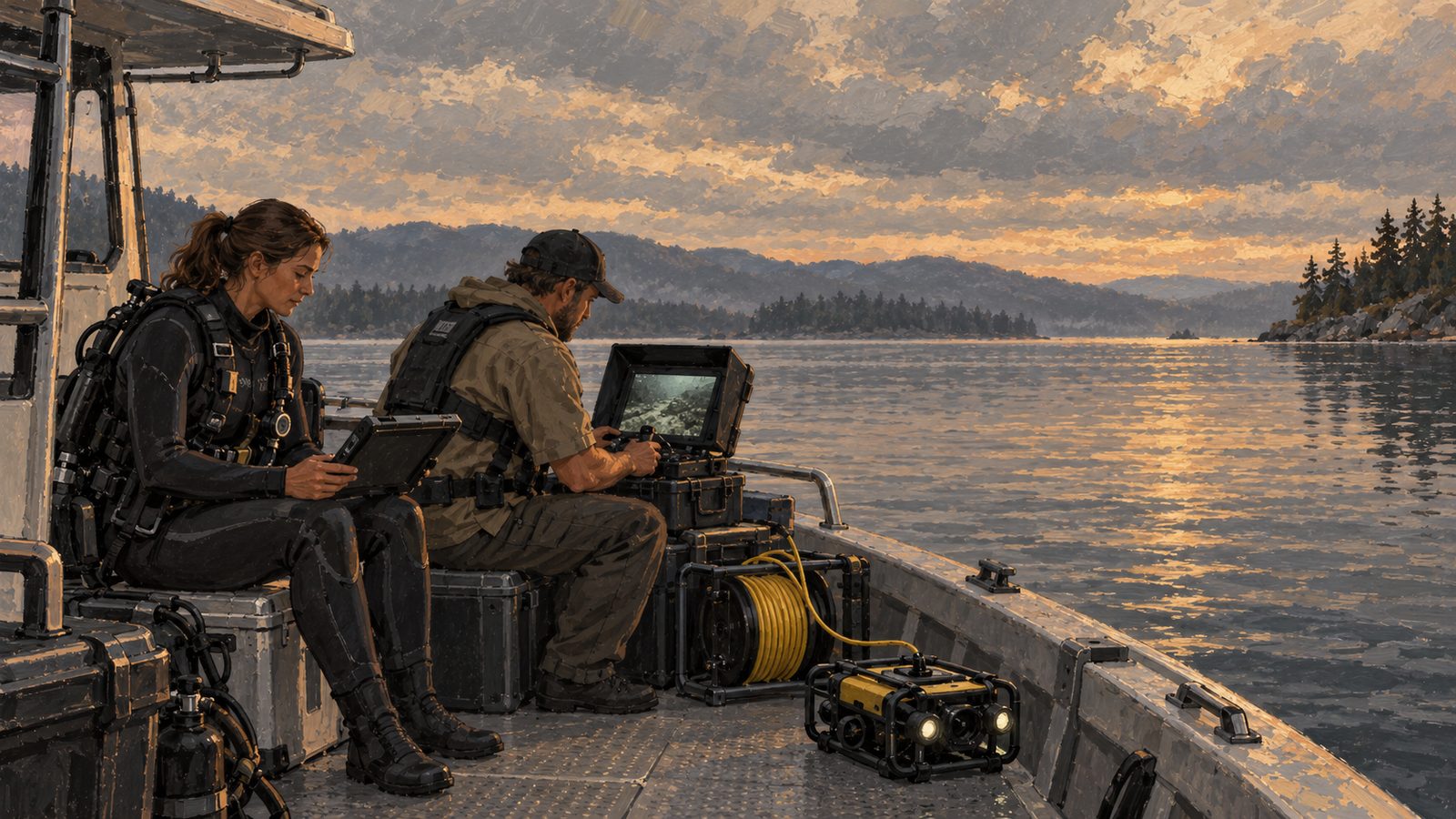A diver sitting on the deck of a boat in gear but dry, watching a screen with an ROV camera view.