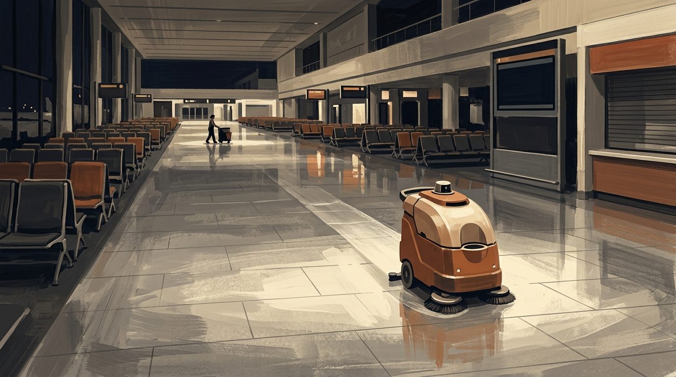 An autonomous floor scrubber moving through an empty airport terminal at night, polished floor reflecting gate lights.