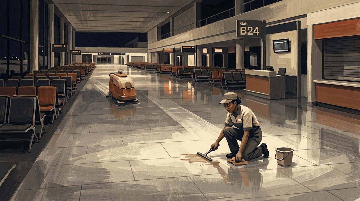 A night cleaning crew member working the edges and a spill near a gate while the robot scrubber passes behind.