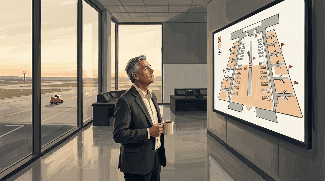 A facilities director looking at a wall screen showing a cleaned-floor map of a terminal at dawn.