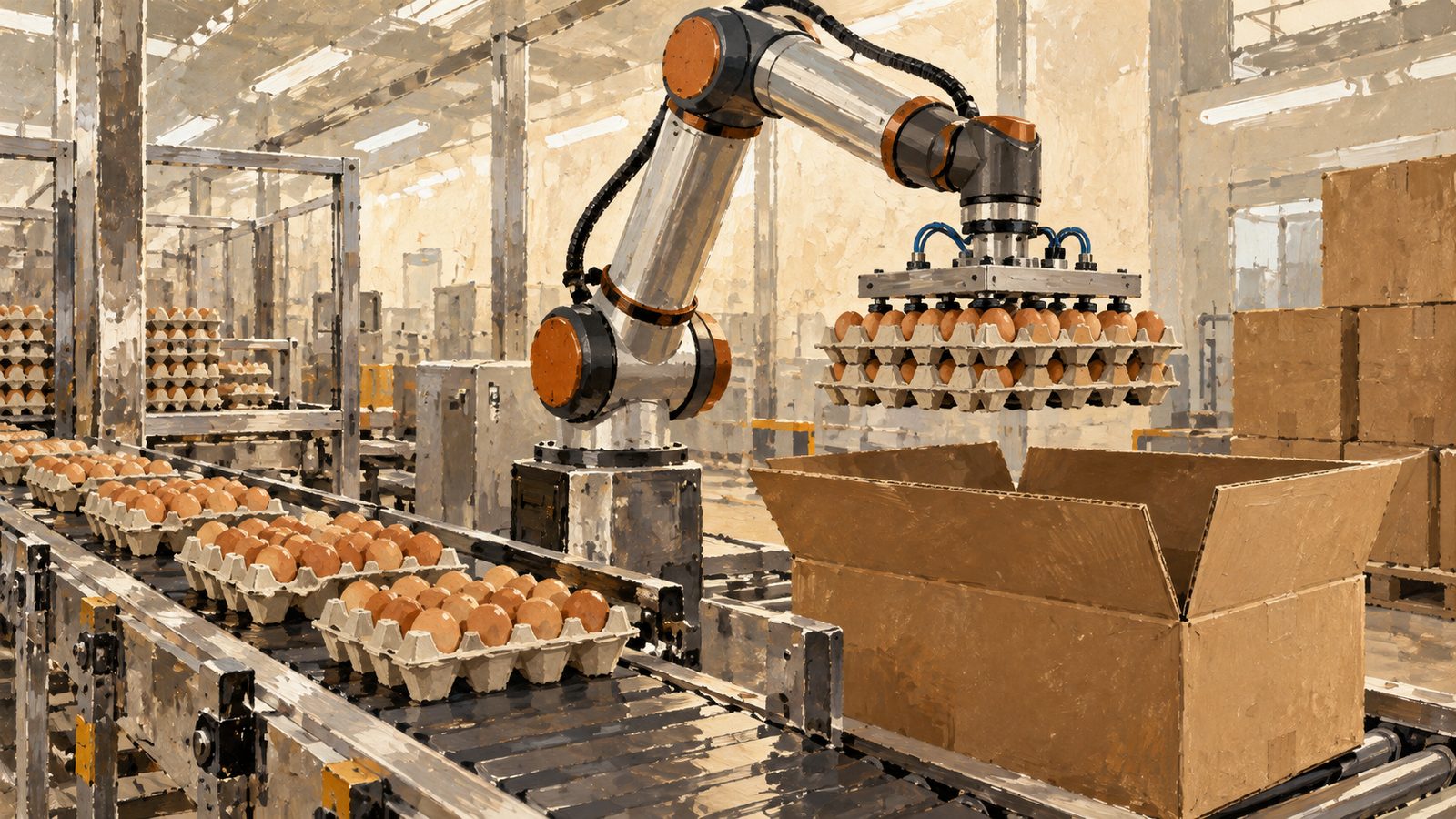 A collaborative robot arm lifting a whole tray of egg cartons into a large corrugated case on a packing line.
