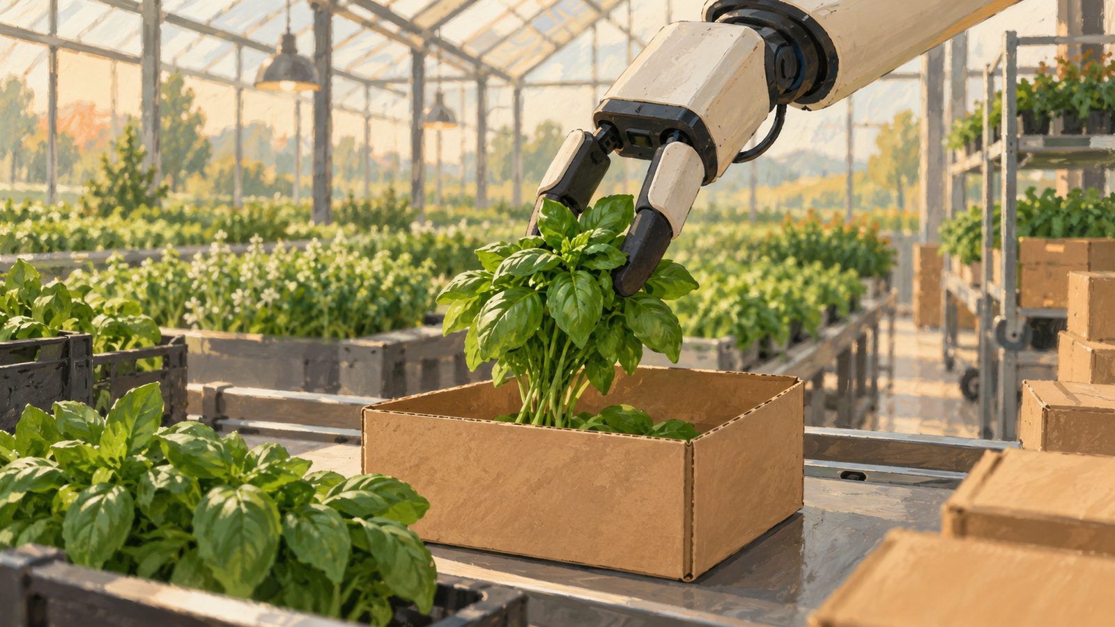 A soft robotic gripper placing a bunch of fresh basil into a small cardboard box in a greenhouse packing area.