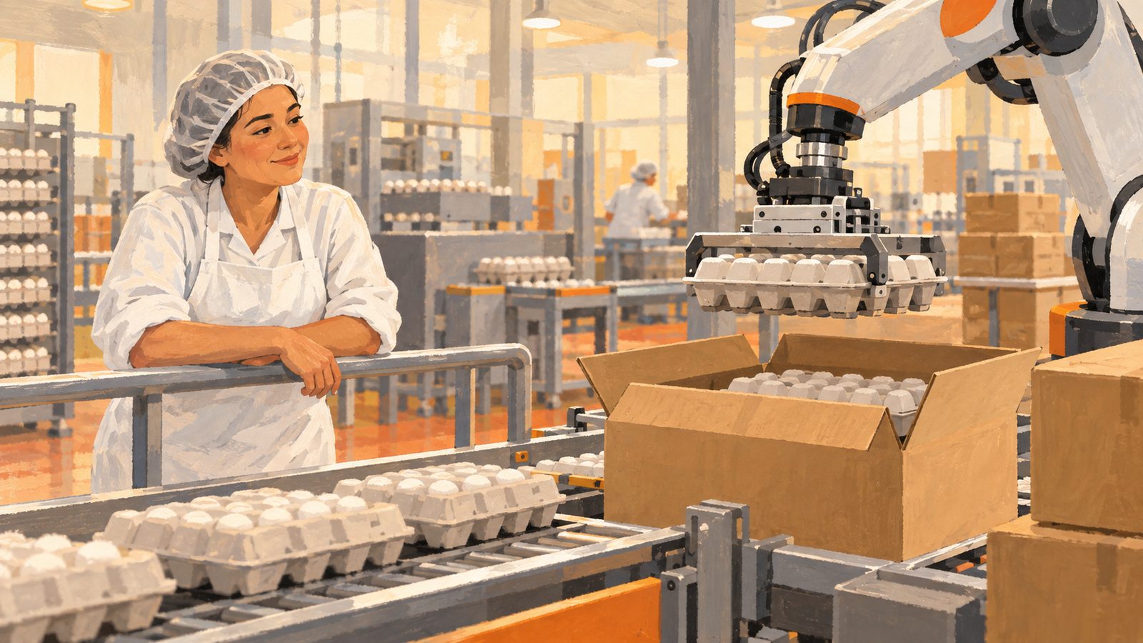 A packing worker smiling slightly while watching a robot handle trays of cartons, hands resting on the line.
