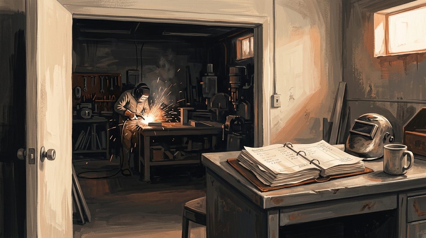 A fabrication shop office with a thick binder of declined quotes open on a desk, a welder's helmet beside it.