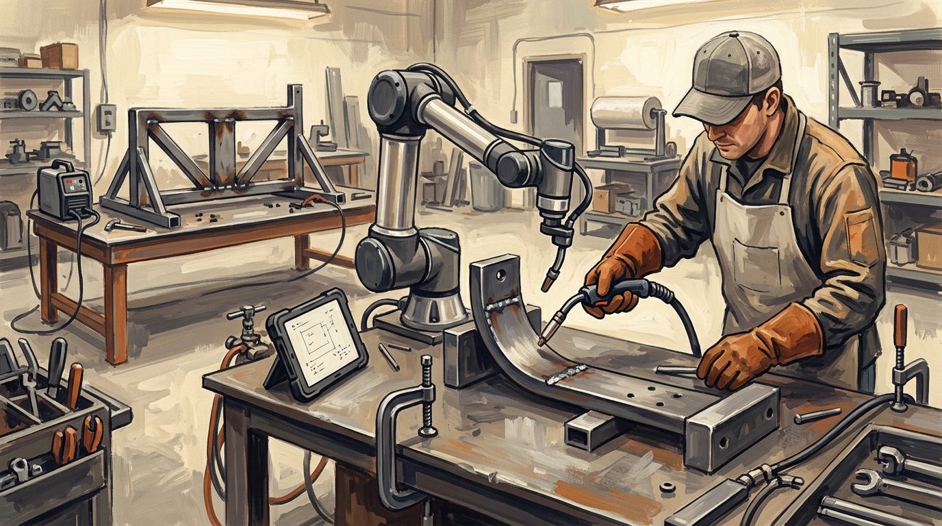 A welder guiding a collaborative welding robot's torch by hand to teach a joint, tablet nearby, bracket fixtured on a table.