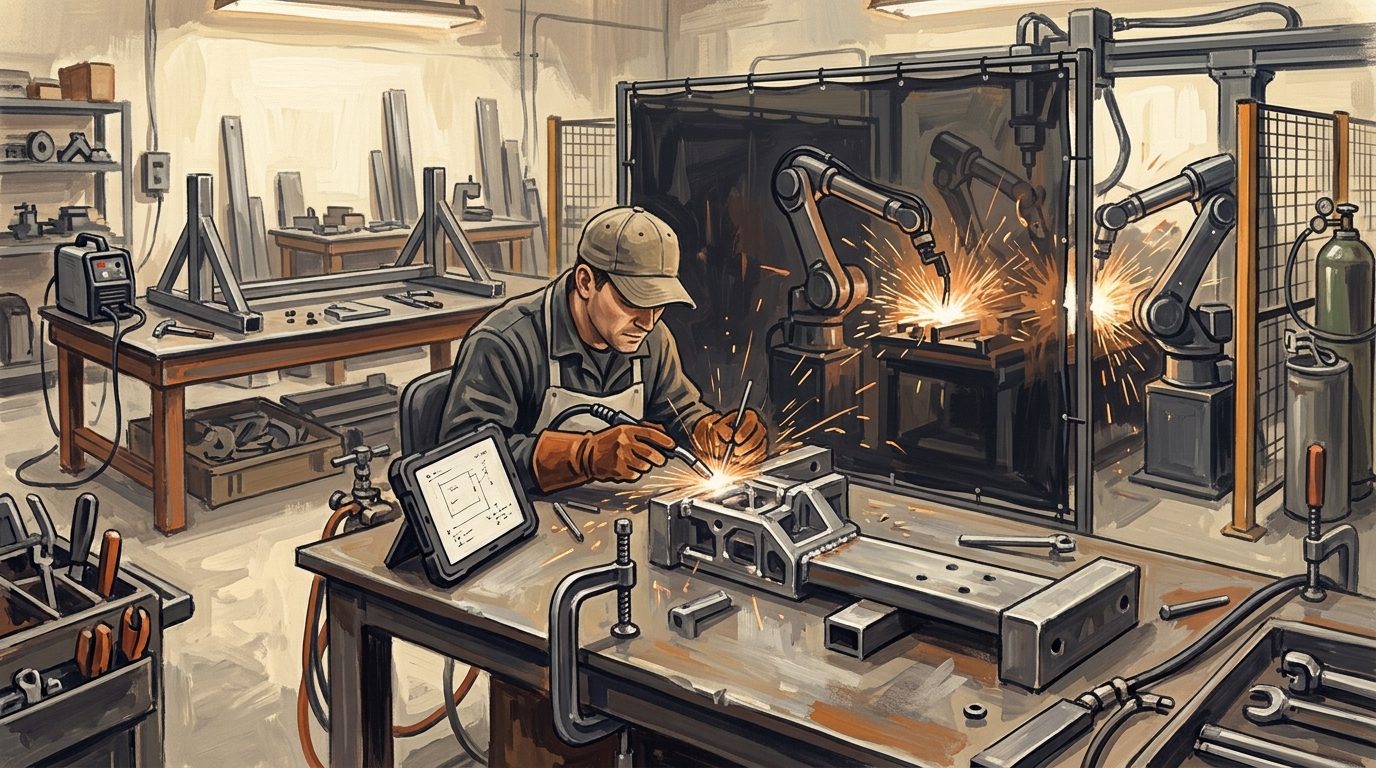 A welder at a bench finishing an intricate aluminum part while a robot welding cell works behind a screen.