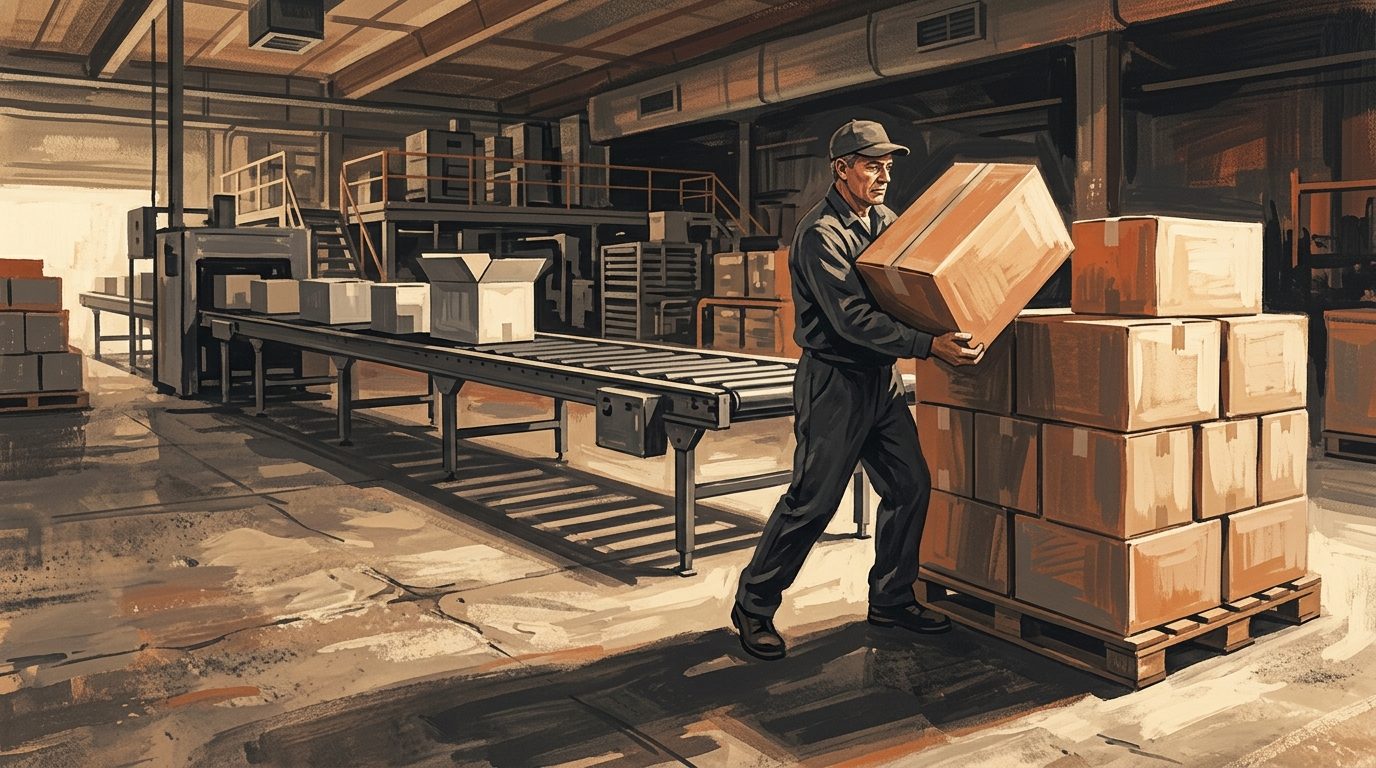A worker at the end of a packaging line lifting a heavy carton onto a shoulder-high pallet stack at six in the evening.