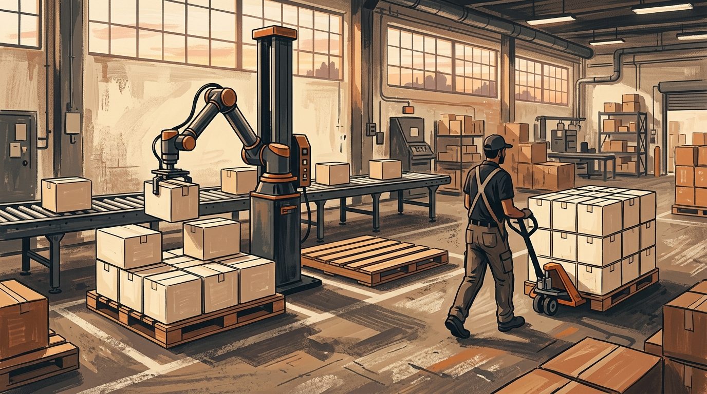 A collaborative robot arm on a lift column setting a wine case onto a pallet while a worker wheels away a full pallet.