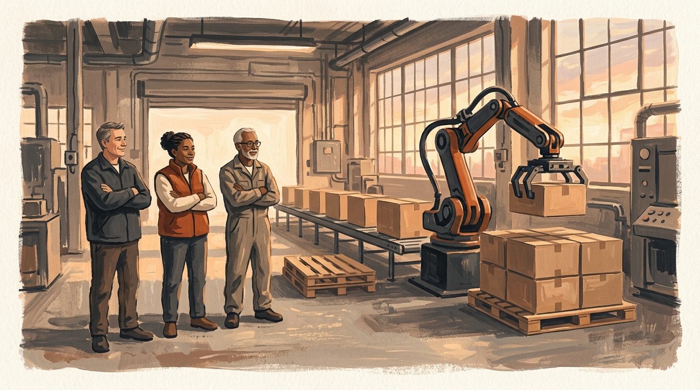 A small group of plant workers watching a robot arm stack cases onto a pallet, relaxed, arms crossed.