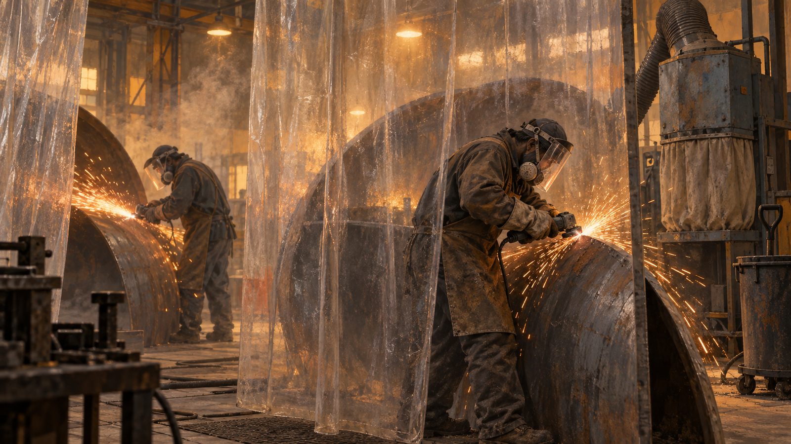 Two workers in respirators grinding weld seams on steel shells behind a plastic curtain, sparks and dust.