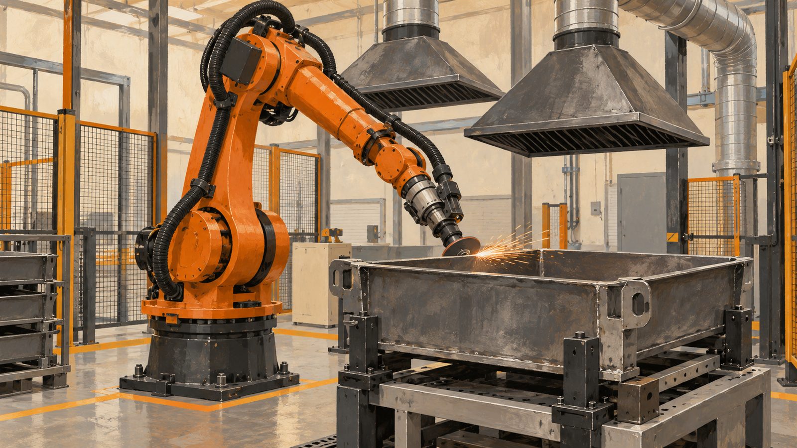 An industrial robot with an abrasive tool grinding a steel tray inside a cell with dust extraction hoods.