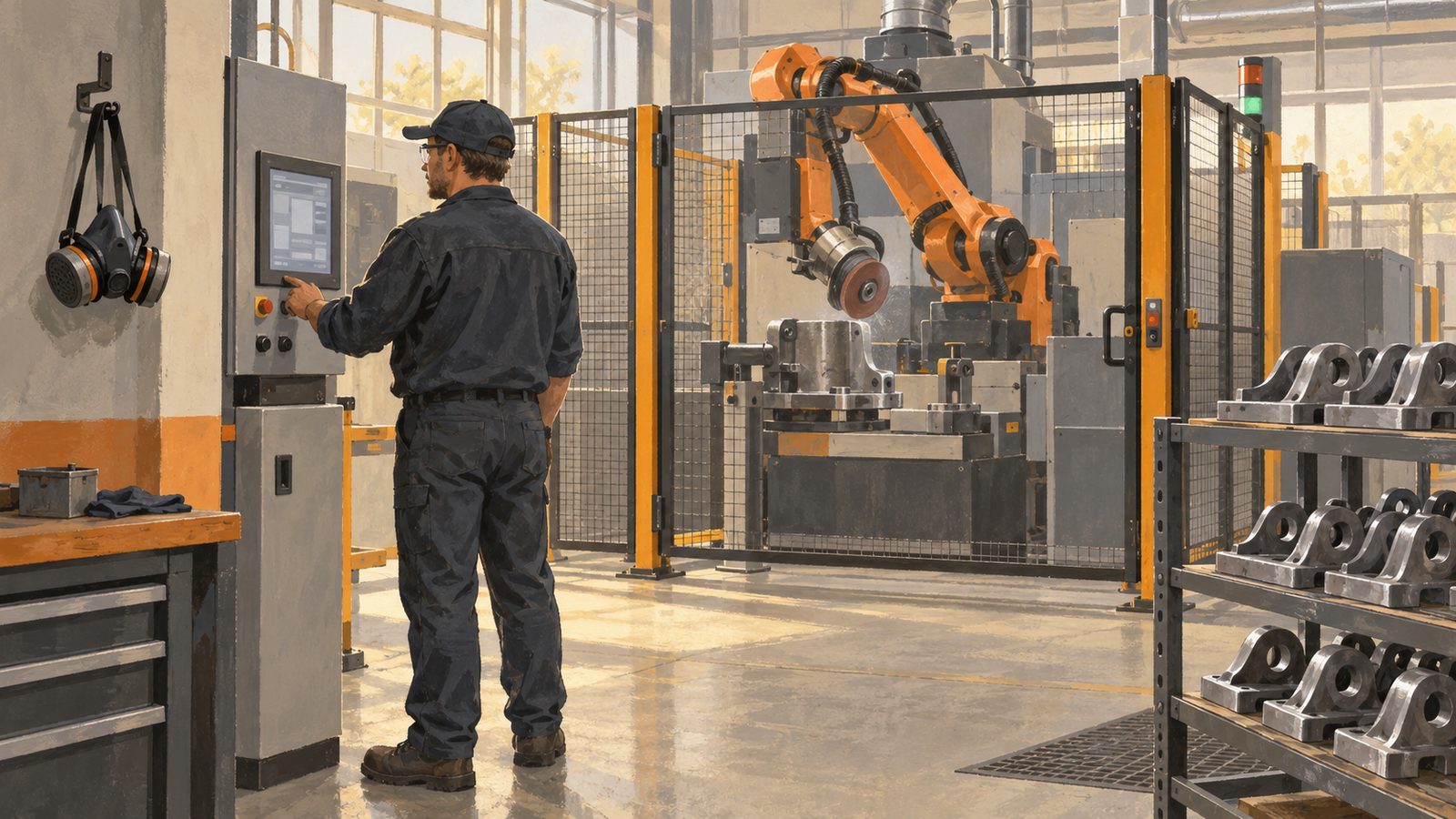 A former grinder now operating a robot cell from a control panel, respirator hanging unused on a hook.