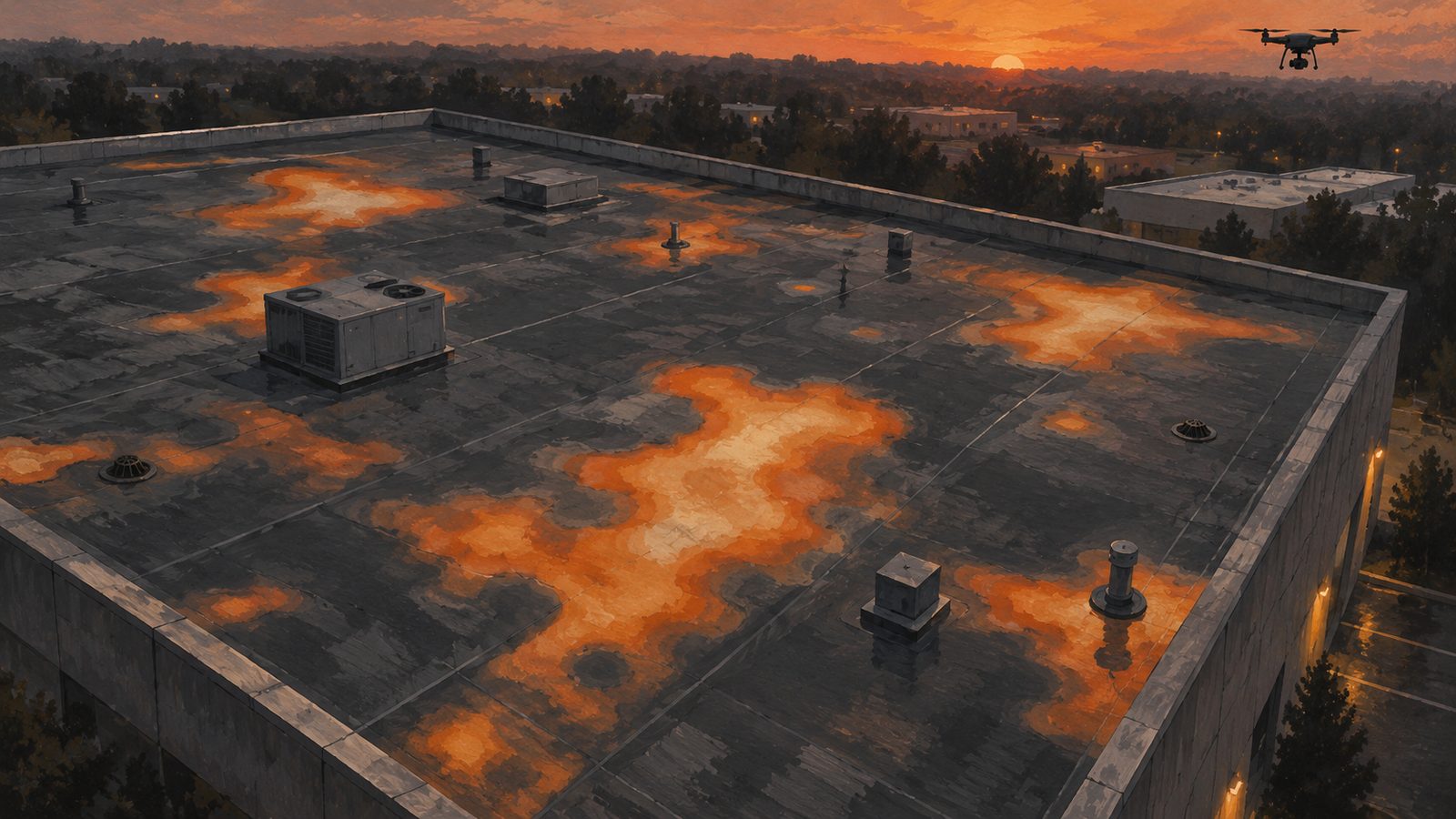 A thermal view of a flat commercial roof at dusk from above, warm shapes showing wet insulation under the membrane.