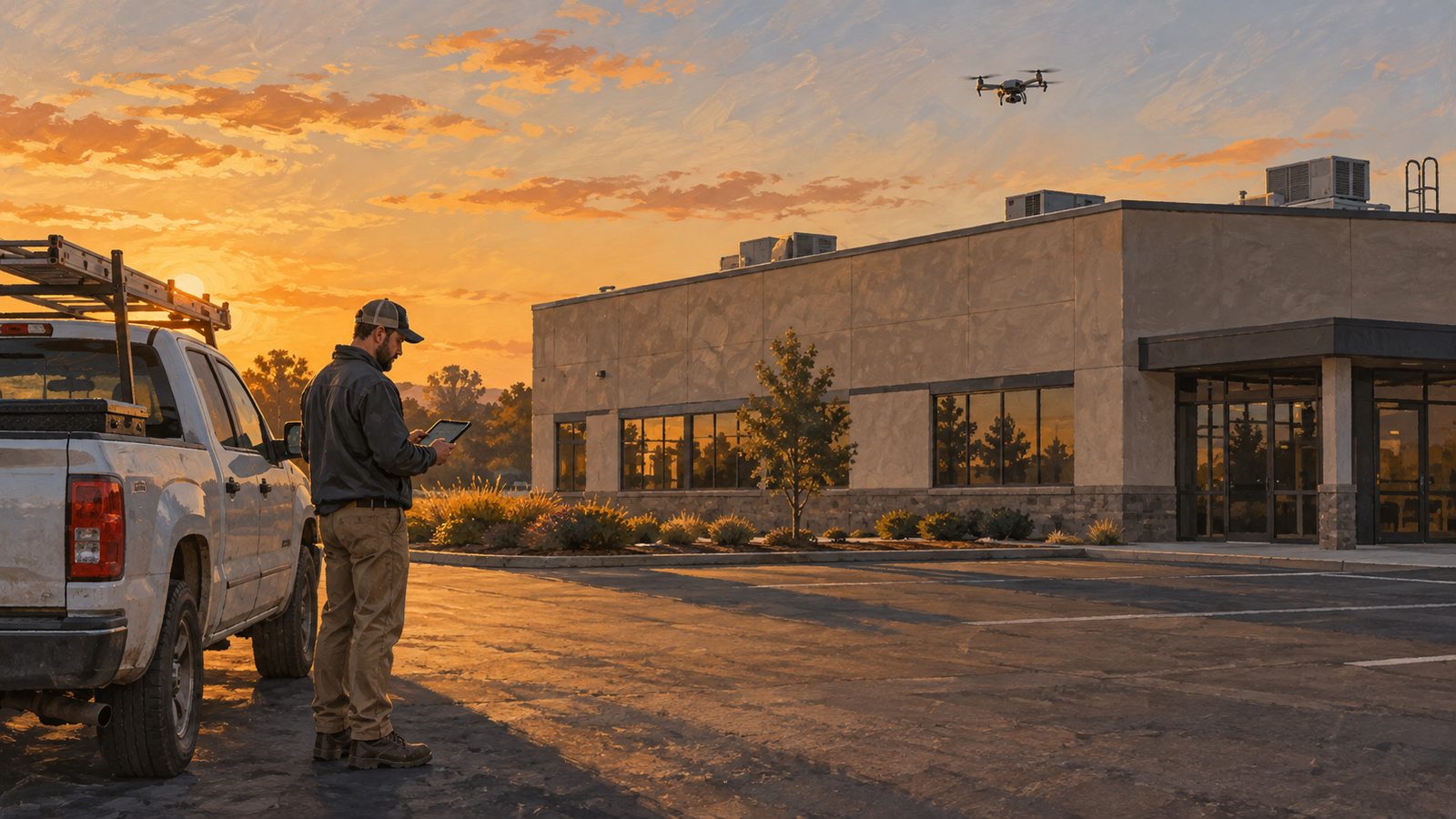 An estimator standing on the ground beside a parked truck looking at a tablet while a drone hovers above a roof.