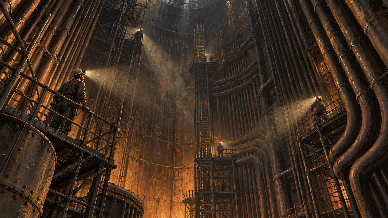 Scaffolding inside a dark industrial boiler rising toward tubes, workers with headlamps on the platforms.