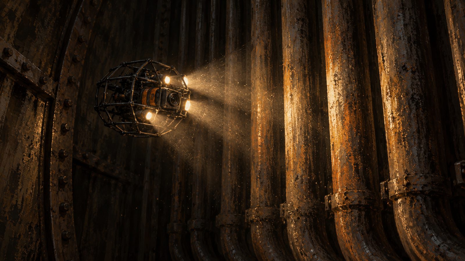 A caged inspection drone with lights hovering near boiler tubes inside the dark vessel, no people inside.