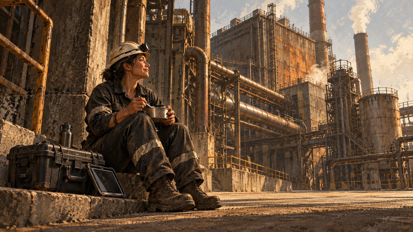 An inspector sitting on a step outside a plant eating lunch in daylight, a drone case and a tablet beside her.