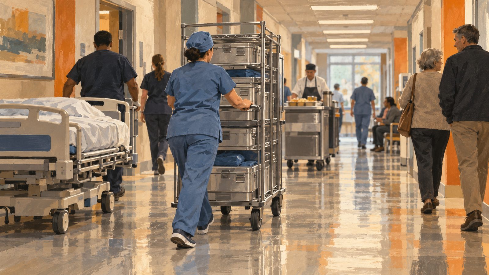 A hospital corridor crowded with a bed, visitors and a food cart while a technician pushes a tall case cart through it.