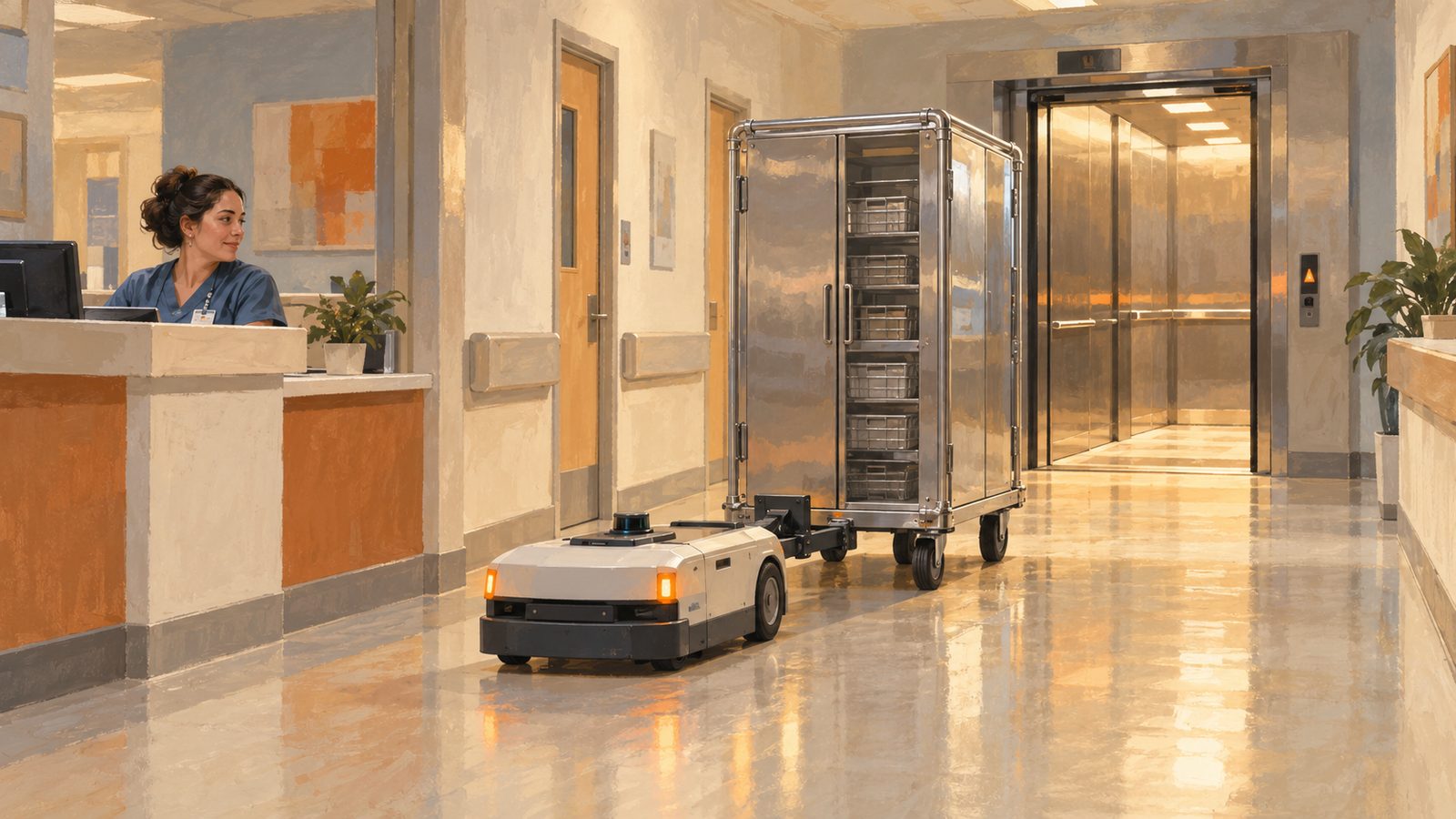 A compact hospital tugger robot towing a case cart through a quieter corridor toward an elevator.