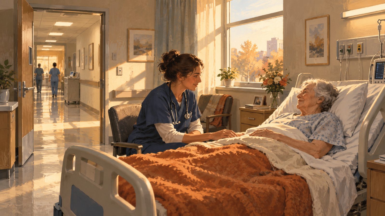 A nurse at a patient's bedside in a hospital room, attentive, with the corridor visible beyond.
