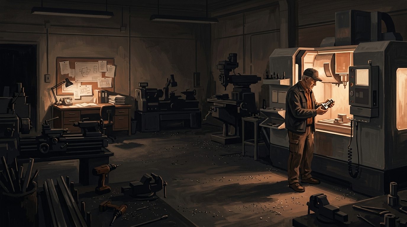 A dark machine shop with one CNC machine lit, the owner standing at its open door holding a part.