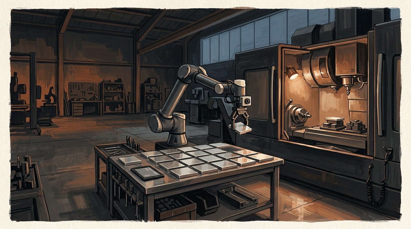 A collaborative robot with a wrist camera lifting an aluminum blank from a table of blanks into a CNC machine at night.