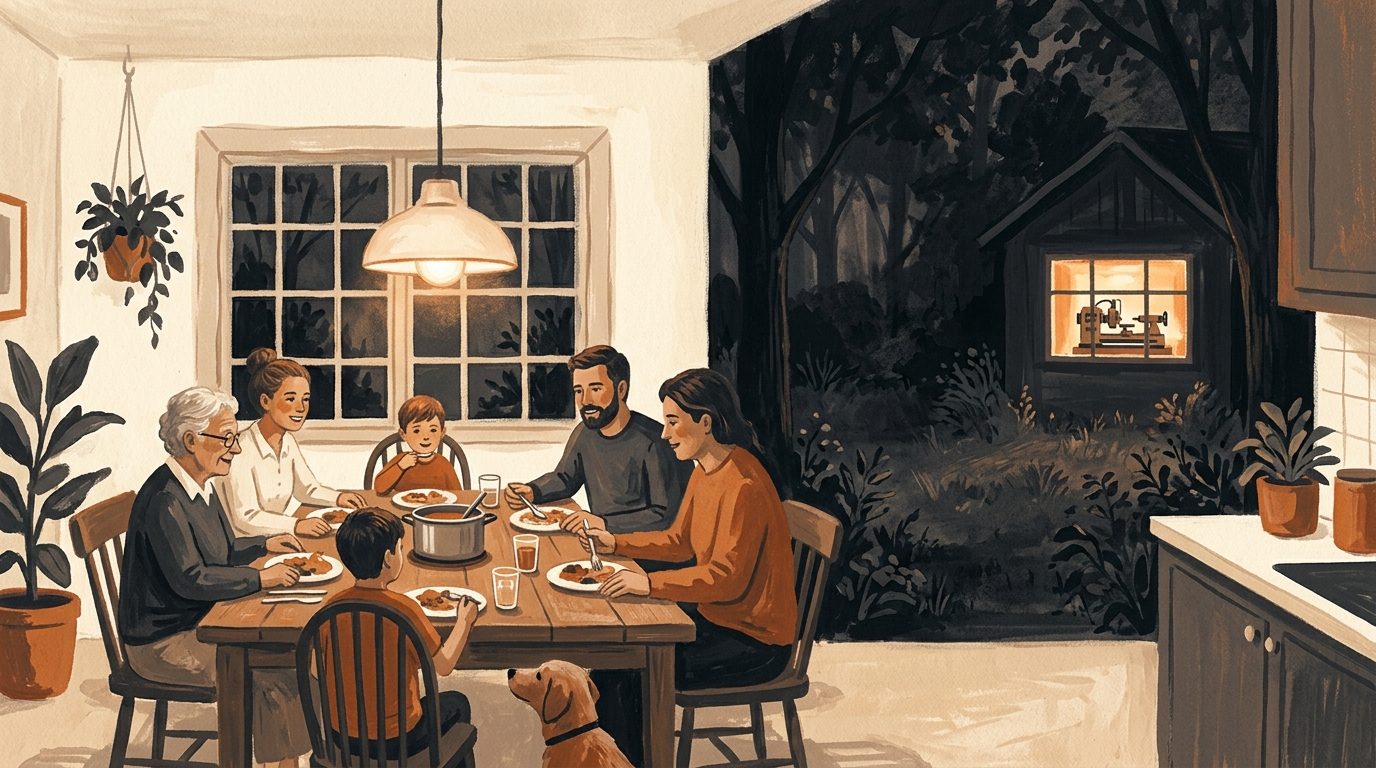 A family at a dinner table in a warm kitchen while, through a window, a distant workshop glows with one lit machine.