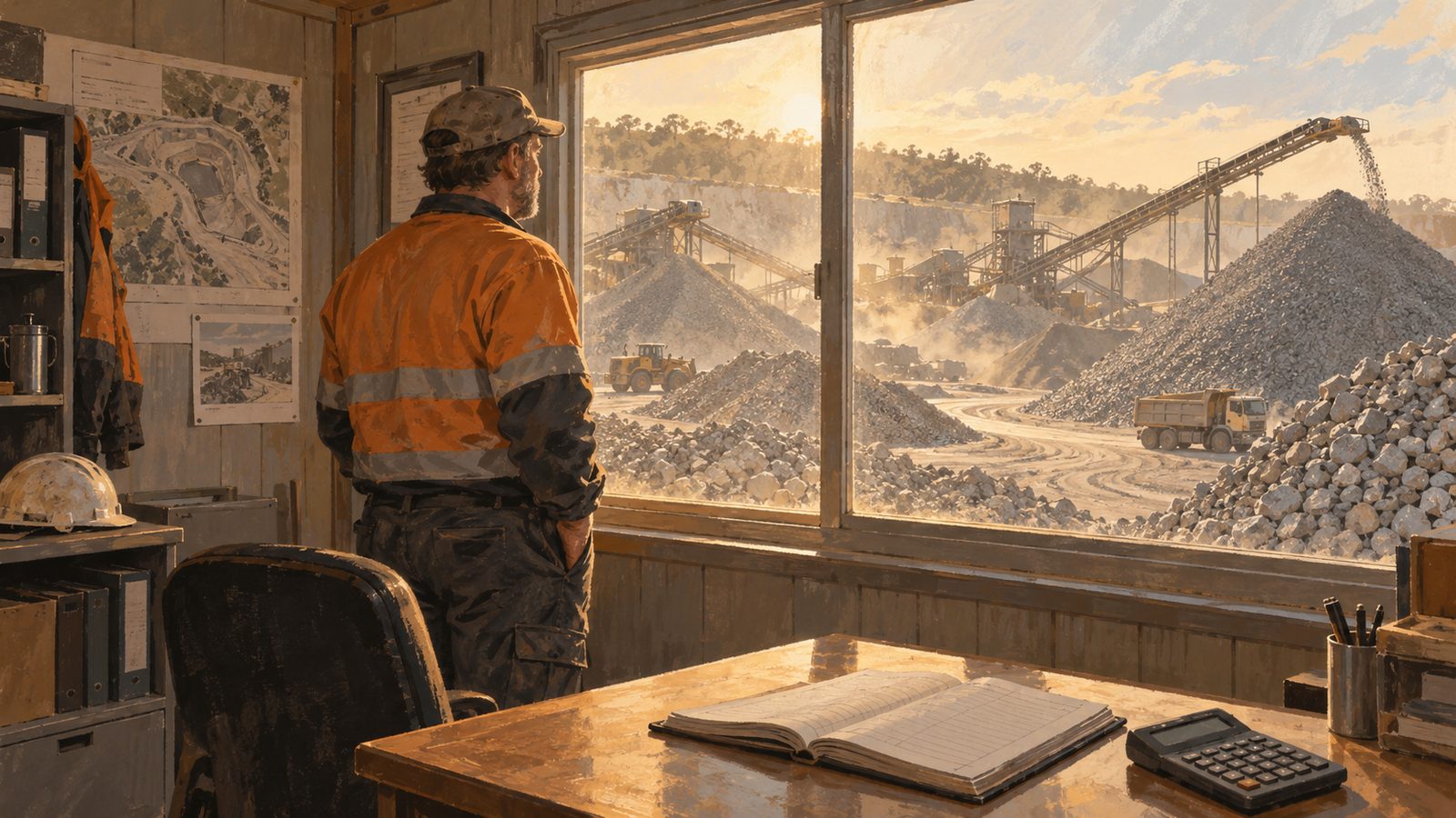 A quarry manager in a site office looking out at huge stockpiles of crushed rock with a ledger on the desk.