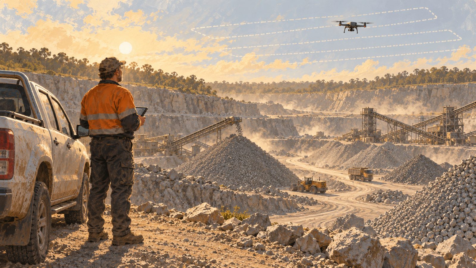 A drone flying a survey pattern over quarry stockpiles with a site worker watching from below.