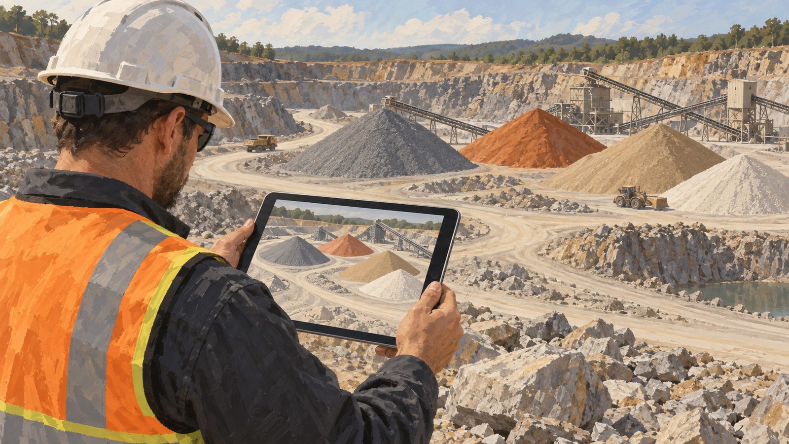 A tablet showing a simple colored 3D model of stockpiles on a quarry site, held by a worker.