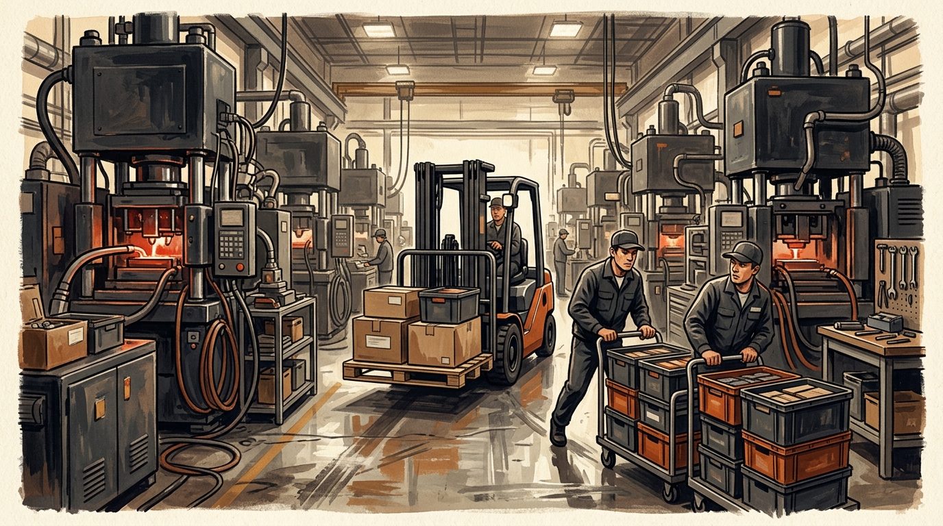 A busy injection molding plant aisle with a forklift and two material handlers pushing carts in the same narrow aisle.