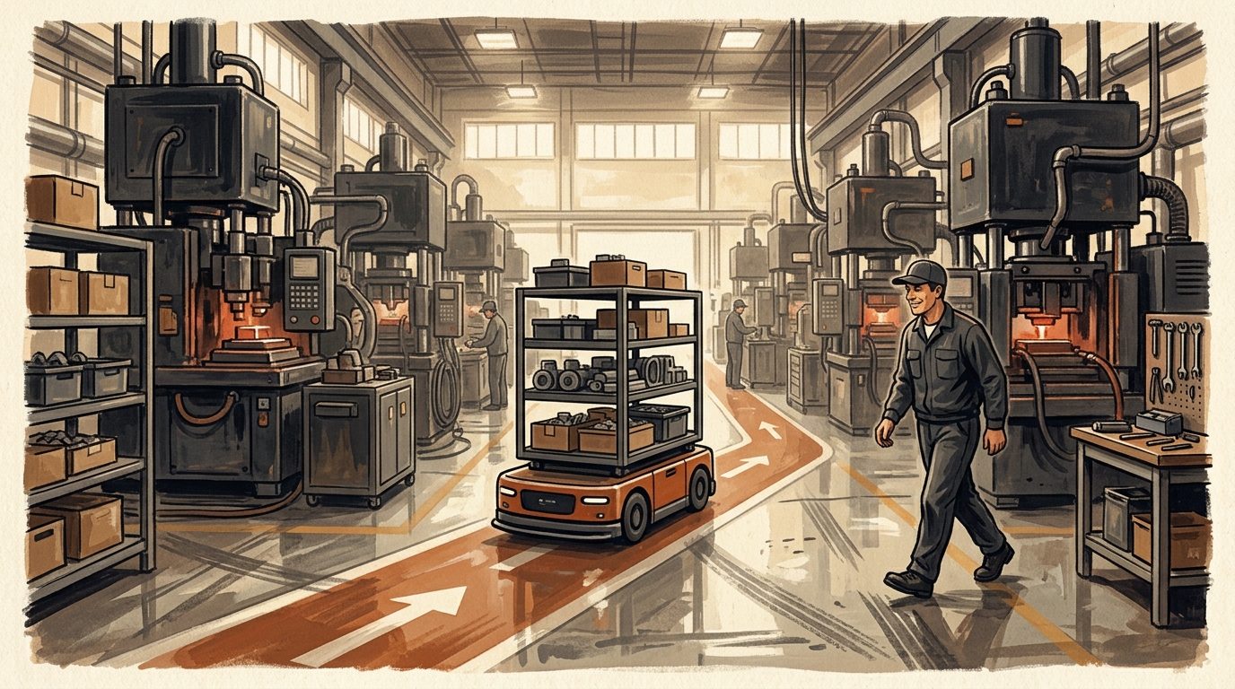 A small autonomous mobile robot carrying shelves of parts along a marked route between departments in a plant.
