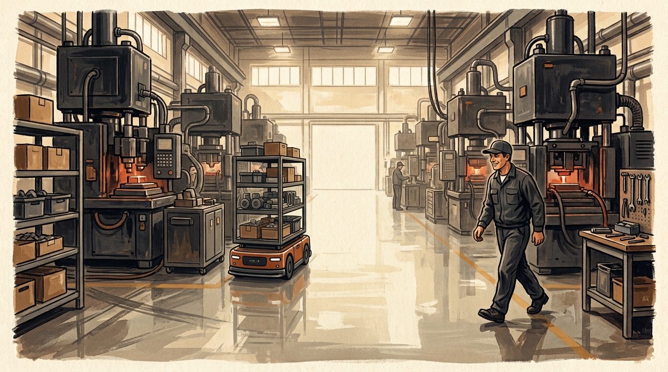 A plant aisle with a mobile robot passing and no forklift, a worker walking calmly on the other side.