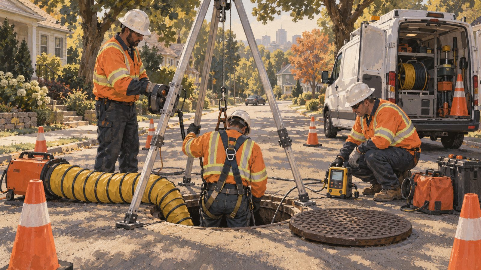 A city crew at an open manhole on a residential street with tripod, air monitor and a worker preparing to descend.