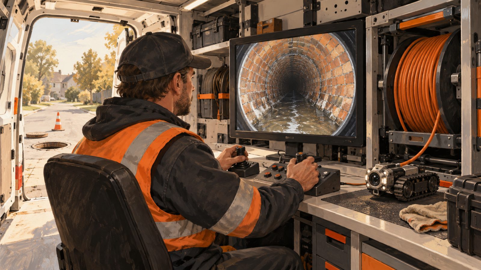 An operator inside an inspection van watching a screen showing a crawler camera's view down a pipe.