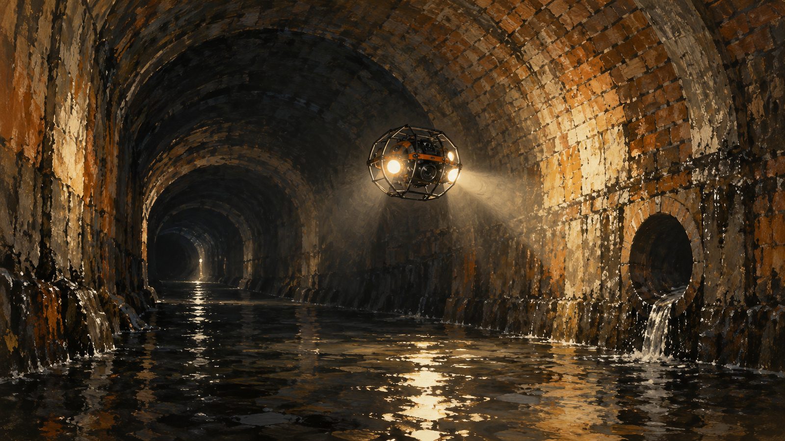 A caged drone with lights flying through a large brick sewer collector tunnel.