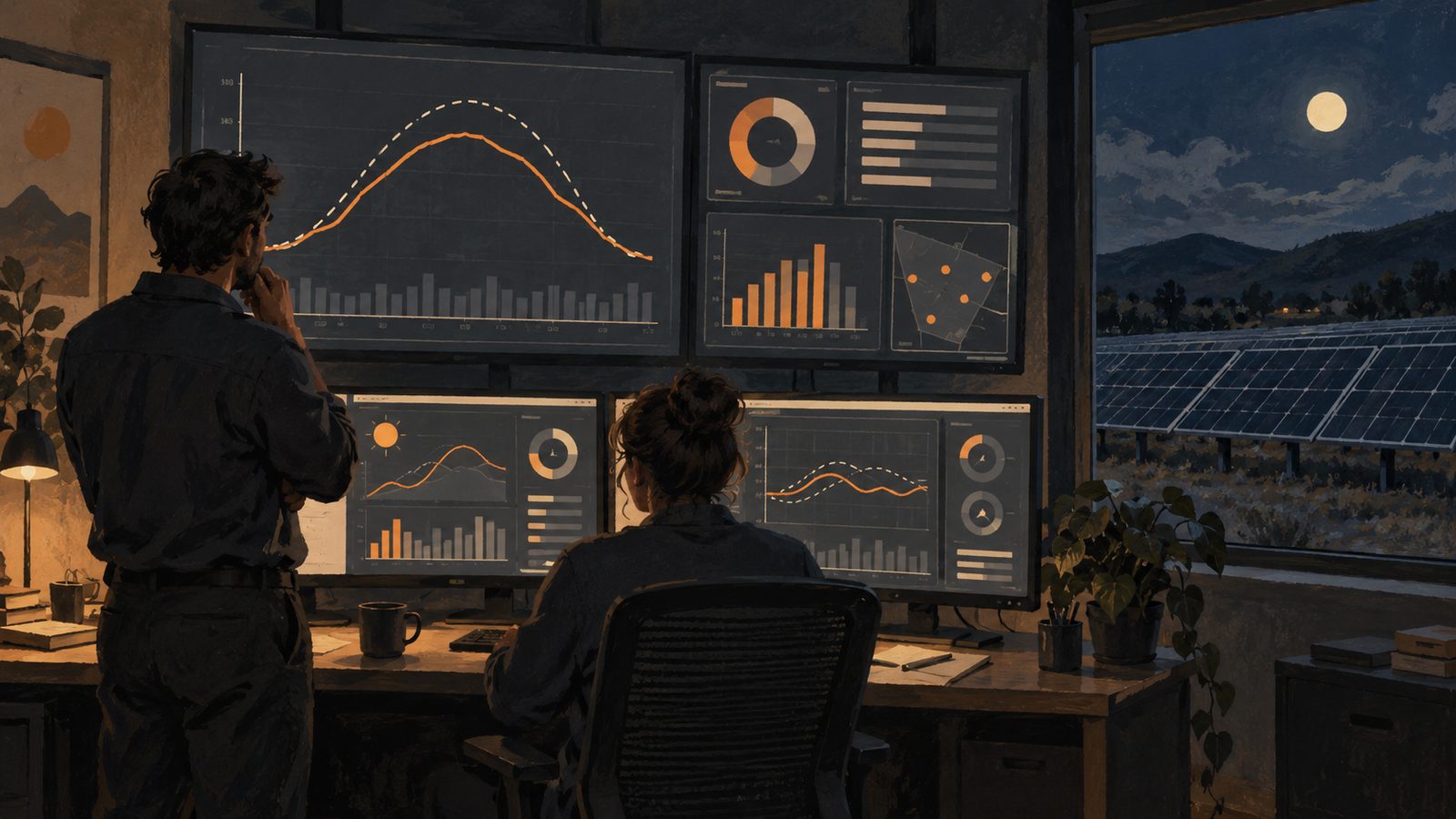 An operations room with a wall of monitors showing a solar site's output a little below its model, two operators looking at it.
