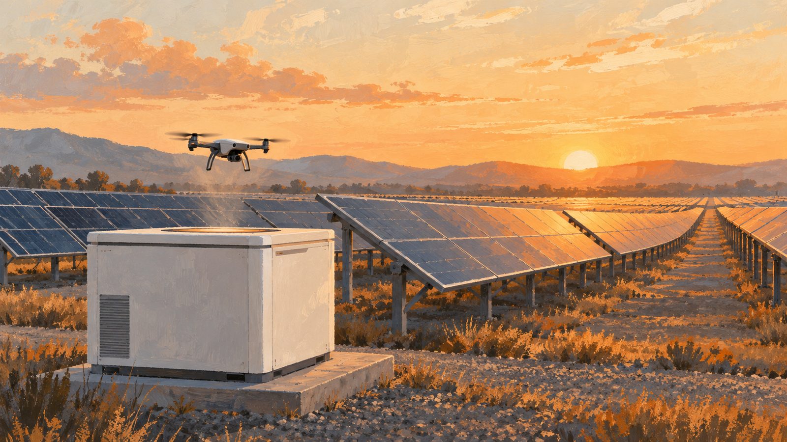 A drone lifting off from a dock box among rows of solar panels at dawn.