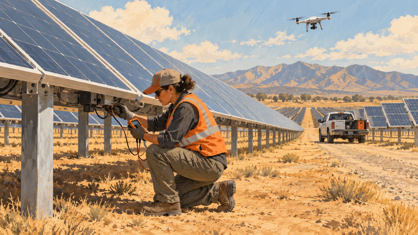 A field technician kneeling at a specific solar panel row with a meter while a drone passes overhead.