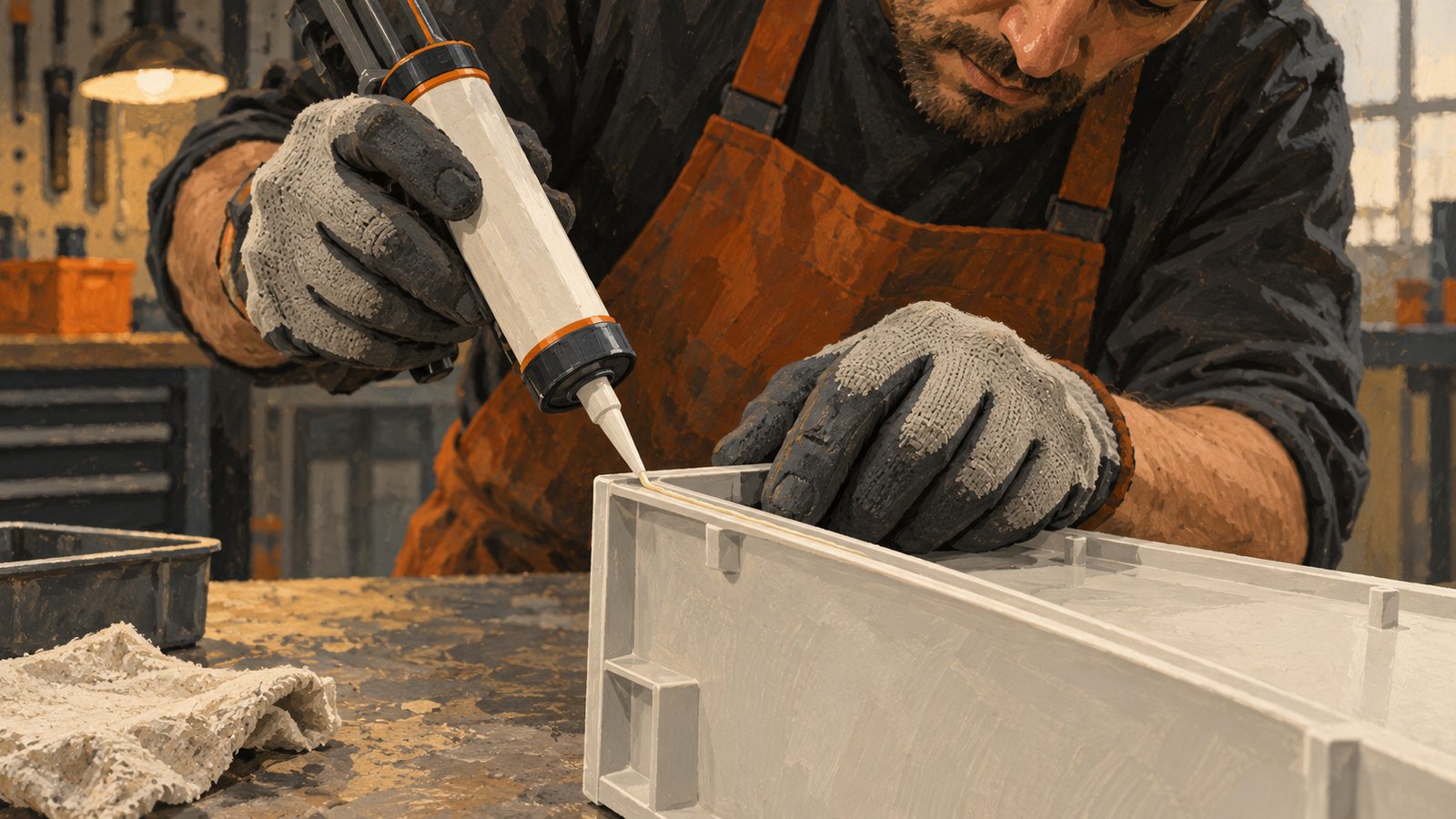 Close view of hands dispensing a thin bead of adhesive into a narrow channel on a plastic panel, tremor visible.