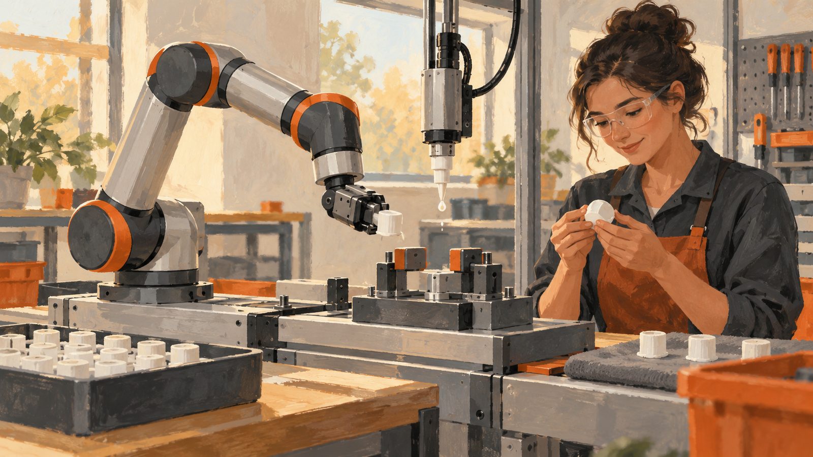 A small collaborative robot carrying an end cap through a glue dispenser toward a clamping fixture on a table.