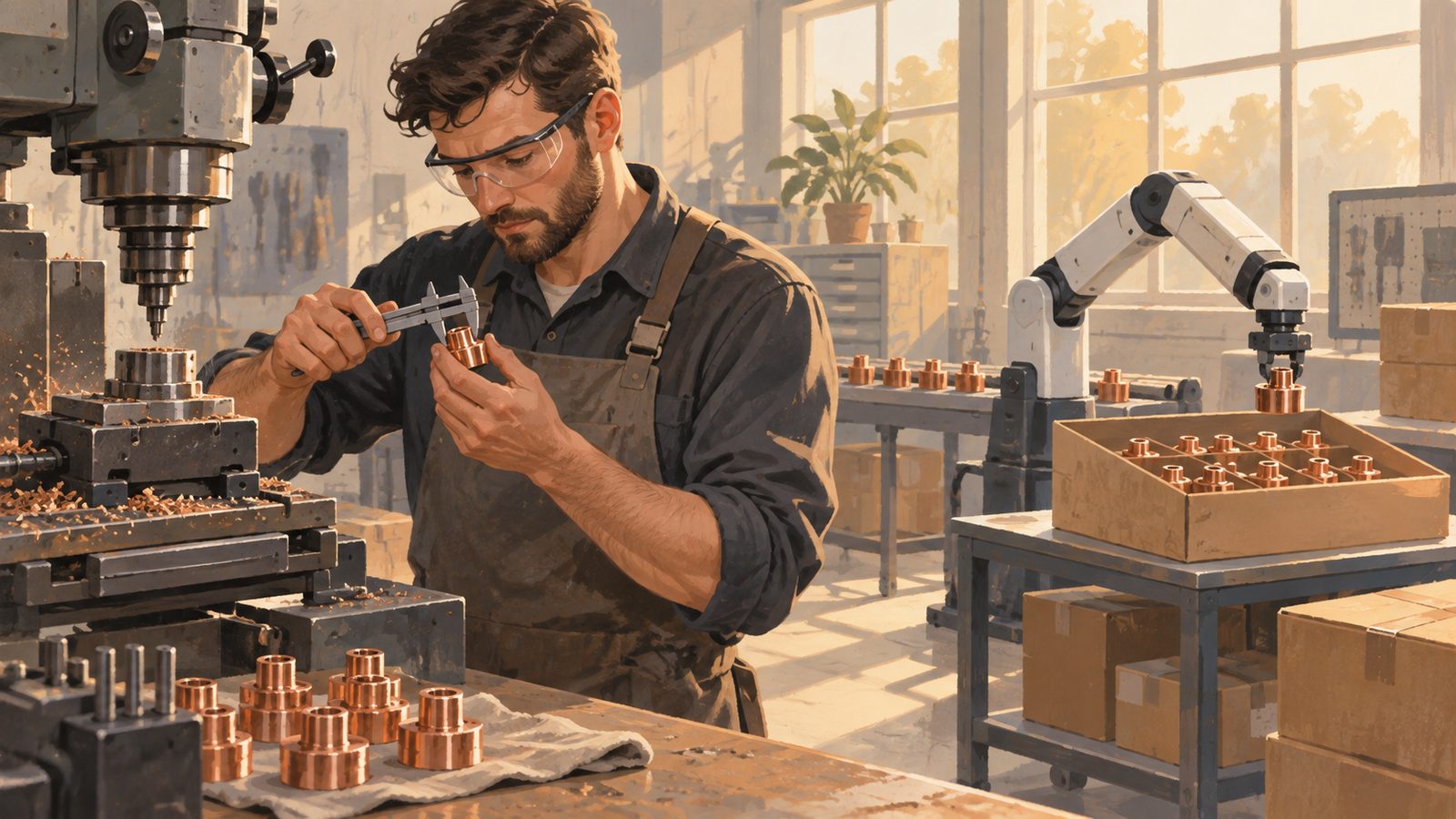 A machinist back at a milling machine measuring a copper part with calipers, a small robot boxing parts behind.