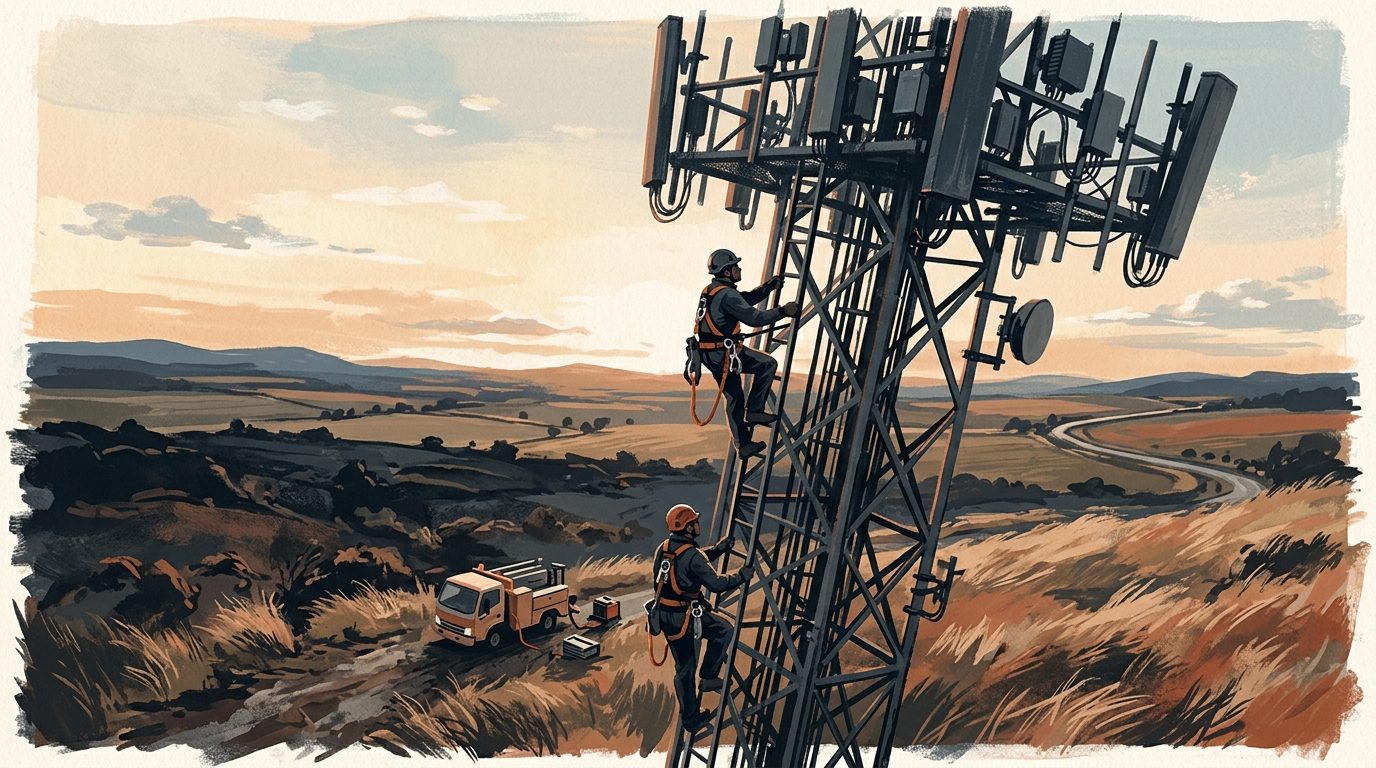Two tower technicians in harnesses climbing a steel cell tower at dawn, a service truck small at the base.
