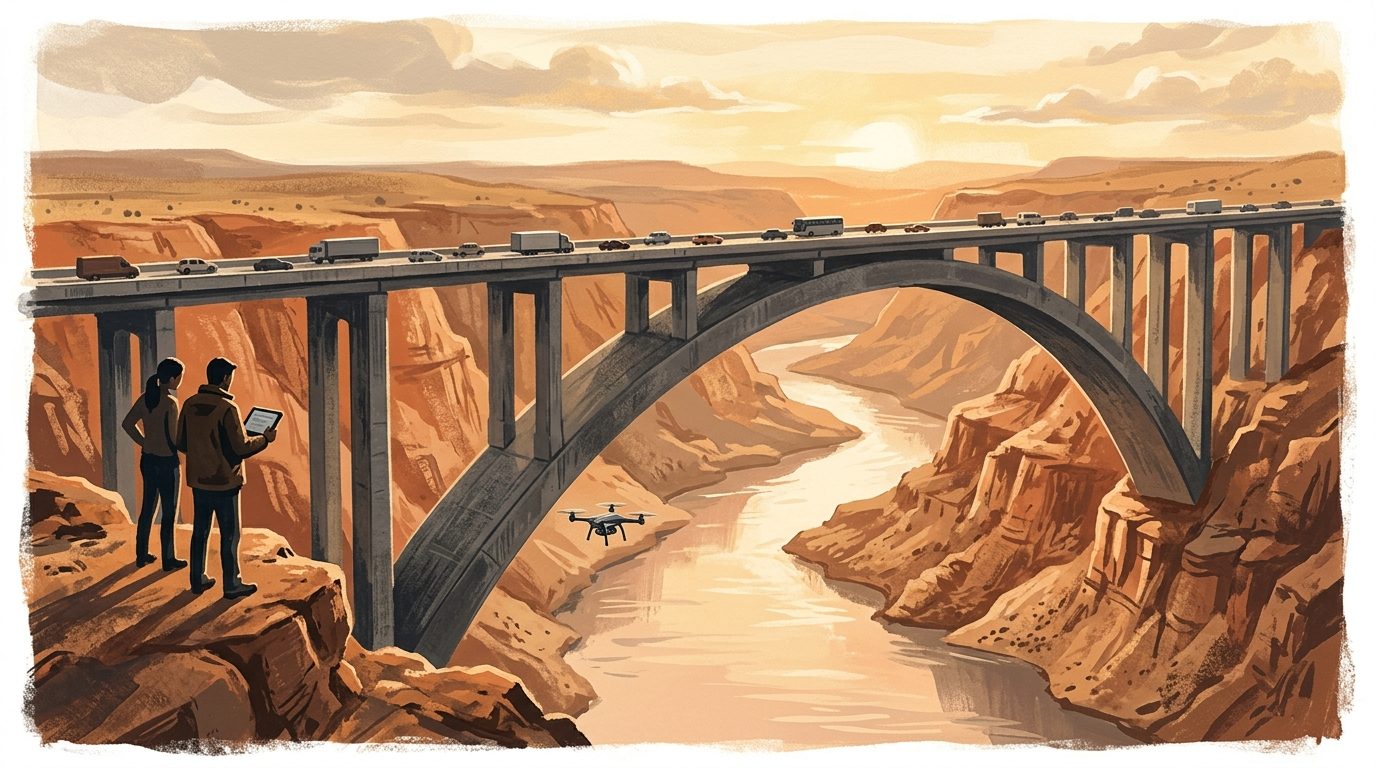 An arch bridge over a desert river canyon with a small inspection drone hovering beneath the arch while two engineers watch with a tablet.