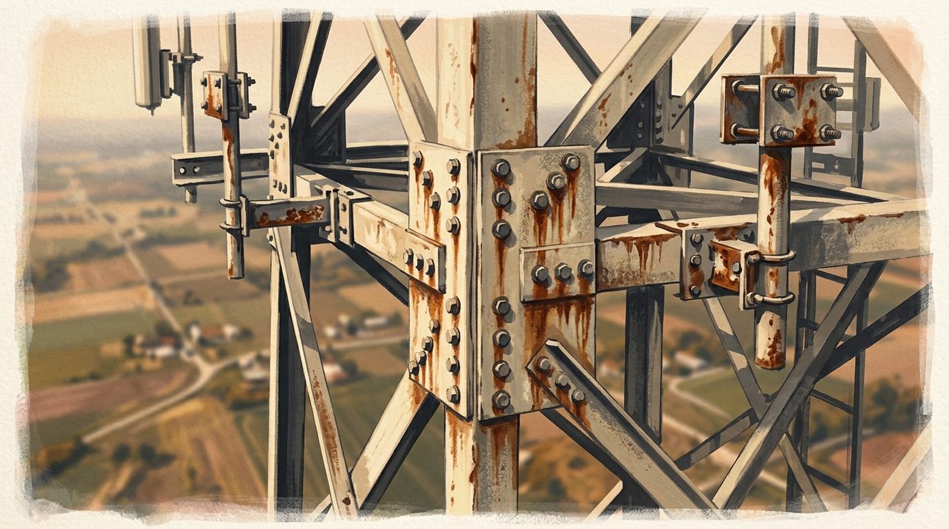 A drone camera's close view of bolted steel tower joints and antenna mounts with streaks of rust, farmland far below.