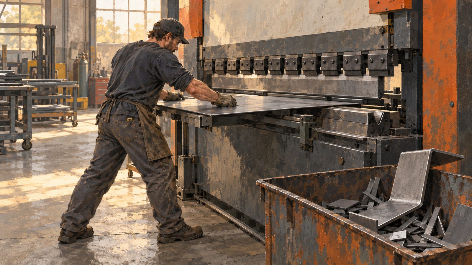 A press brake operator holding a large heavy sheet against a backgauge at mid afternoon, strain in the shoulders.