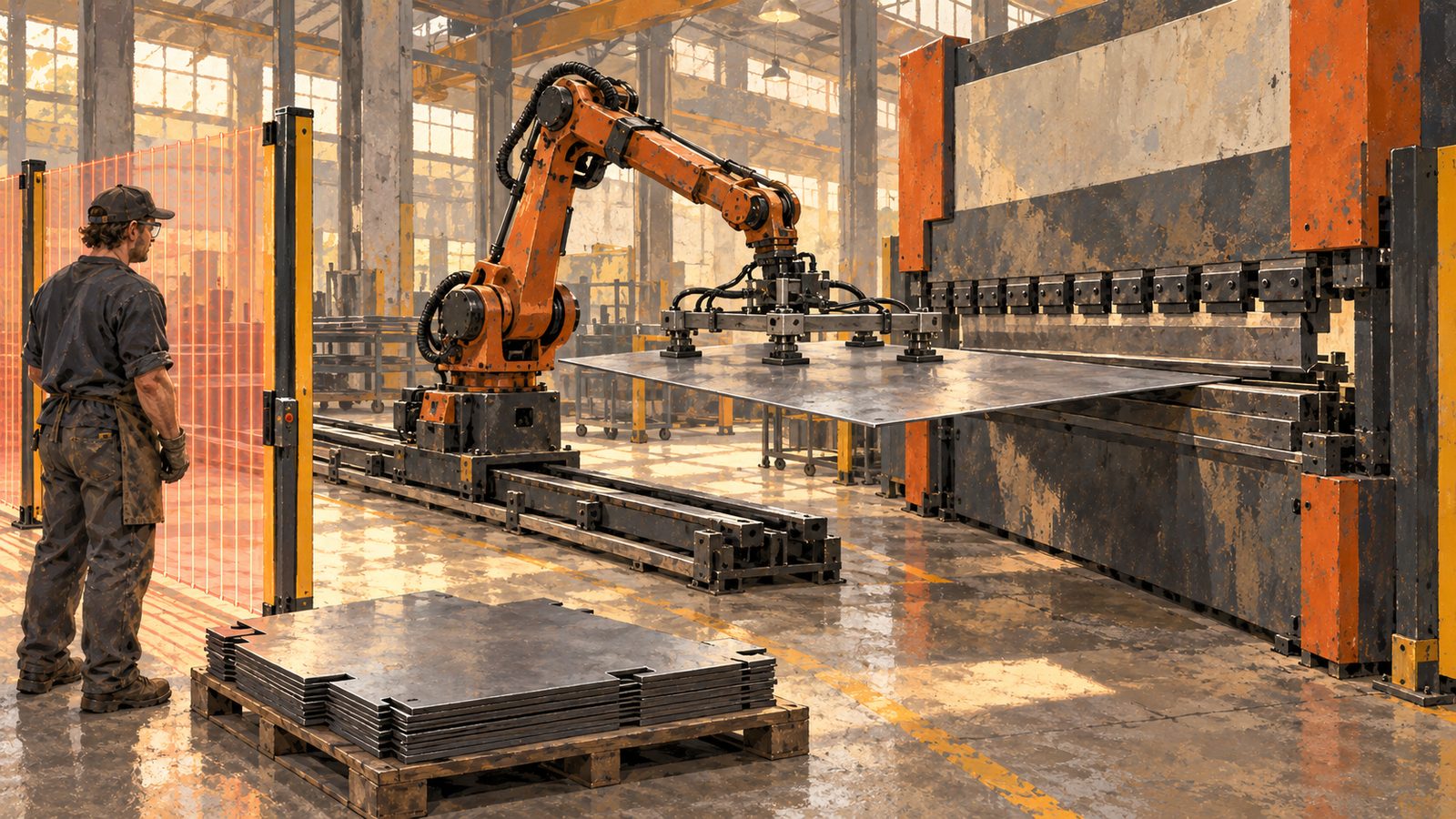 A large industrial robot on a linear track lifting a big sheet metal blank from a pallet toward a press brake.